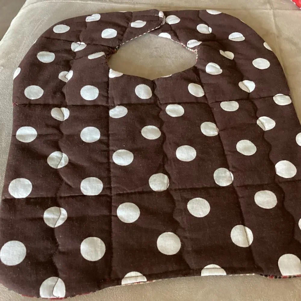 NWT handcrafted, quilted reversible bib in brown green red fabrics